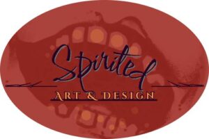 Burgundy oval logo with a laughing mouth and "Spirited Art & Design" in front