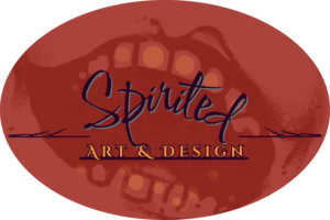 burgundy oval logo with a laughing mouth in the background for the business Spirited Art and Design