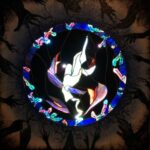 a collection of different sized, hands all in different positions with tree-bark like coloring and texturing are in a silhouetted grassy brambly field wiht sunset colors behind in the sky; the hands are protruding inward from a square substrate and encircling a stained glass circular image of the sky with the Aurora Borealis and moon at the center; the fingertips of the hands turn into tree branches that have lines of poetry resting on them; where the branches reach the glass sky, they become the poetry coated in colorful ice as though a tree after an ice storm, being lit by the Northern Lights