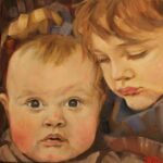 close up painting of an infant staring attentively at the camera with rosy cheeks and her toddler sister with soft features looking calmly down toward her lap and wrapping her arm and hand behind the infant's head