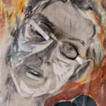 charcoal drawn face of teenage boy with medium length curving hair staring emptily and dazed at camera with tilted head and goggles and collage patched cheeks and blue shirt