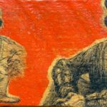 two mirror image portraits of a teenage boy sitting crouched with arms crossed on knees looking at camera one with clown -like silly expression and the other more solemn and condescending