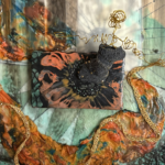 a very linear, loosely constructed gold wire figure is protruding outward, chest-first, arms extended, head thrown back, wearing a dark gray-green dress that progresses down to the flat surface into a vibrant metallic orange, flower-like dress twirling outward; the figure is holding a large orange, teal, and gold scarf that appears to be luffing with the figures excited movement; the figure appears to be in an abstract woodland of dark gray, straight, thick stripes of vertical tree trunks and bright white light pouring through, especially directly behind the figure's head, and lighting the mint green forest