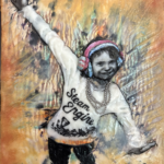 child posing in an energetic stance with right arm stretched up and the left arm stretched down as though taking a bow or striking a pose to show off the two pairs of pink and blue earmuffs he or she managed to put on at the same time, the many silver beaded necklaces adorning his or her neck, and the well-suited shirt that says "Steam Engine" in cursive across the front; the child is in black and white and the background is bursting, highly textured, linear and splotchy, with orange, yellow, dark purple, turquoise and white