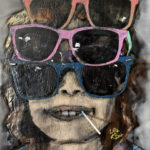 muted neutral toned close-up view of a child with a smirk, a lollipop in mouth, and two front teeth showing, proudly wearing four pairs of sunglasses - dark blue, purple with rhinestones, pink with mint green, and orange that fades to yellow - stacked from just below his or her eyes all the way to the top of his or her curly, shiny copper-brown hair