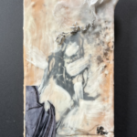 a figural, recoiling silhouette being pulled toward the bottom corner by a linear black and gray mass and by the head toward the top right corner by a mass of white fabric with gold leaf raining down; the head has the soldered wire words "In The..." nailed to it and protruding out and up; the body appears to have been shaped by taking blows or punches from white brush strokes that look to have come at it like comets flying through the air